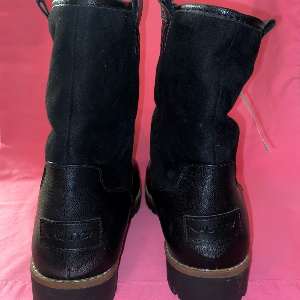 Nautica Boots Black Cream Faux Leather Suede Shearling Women 9.5 Men 8 Cozy Chic - Picture 5 of 13